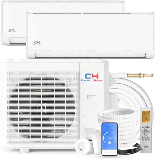 18,000 BTU 2 Zone 12k+12k Wall Mounts with Installation Kits, 22.9 SEER 1.5 TON Dual Zone Ductless Multi Mini Split Air Conditioners Wi-Fi Adapter Included