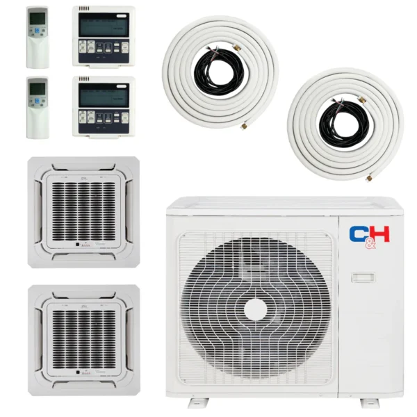 18,000 BTU 2 Zone 9k+12k Ceiling Cassette with Installation Kits, Sophia Series 21.3 SEER 1.5 TON Dual Zone Ductless Multi Mini Split Air Conditioners