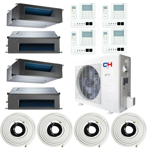 36,000 BTU 4 Zone 9k+9k+9k+9k Concealed Duct Mini Split with 25ft Installation Kits, Sophia Series 22.5 SEER 3 Ton Quad Zone Slim Duct AC System