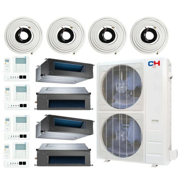 48,000 BTU 4 Zone 9k+9k+18k+18k Concealed Duct Mini Split with Installation Kits, Sophia Series 21.5 SEER 4 Ton Quad Zone Slim Duct AC System