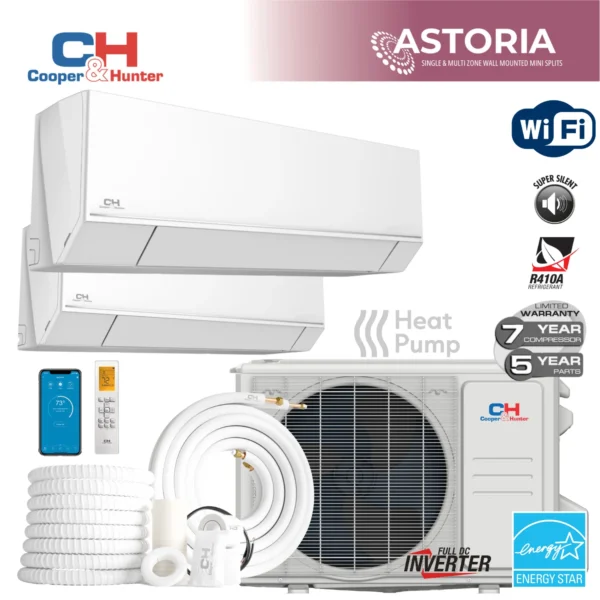 Cooper&Hunter Astoria Series 36,000 BTU 23 SEER Dual Zone with Wall Mount Handlers Ductless Mini Split A/C and Heater with Installation Kits