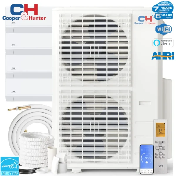 Cooper&Hunter Astoria Series 48,000 BTU Four (4) Zone with 6000 6000 12000 24000 BTU Wall Mount Handlers Ductless Mini Split A/C and Heater with Installation Kits